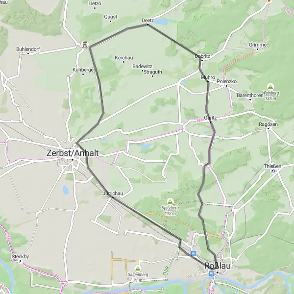 Map miniature of "Zerbst/Anhalt to Roßlau via Burg Lindau" cycling inspiration in Sachsen-Anhalt, Germany. Generated by Tarmacs.app cycling route planner