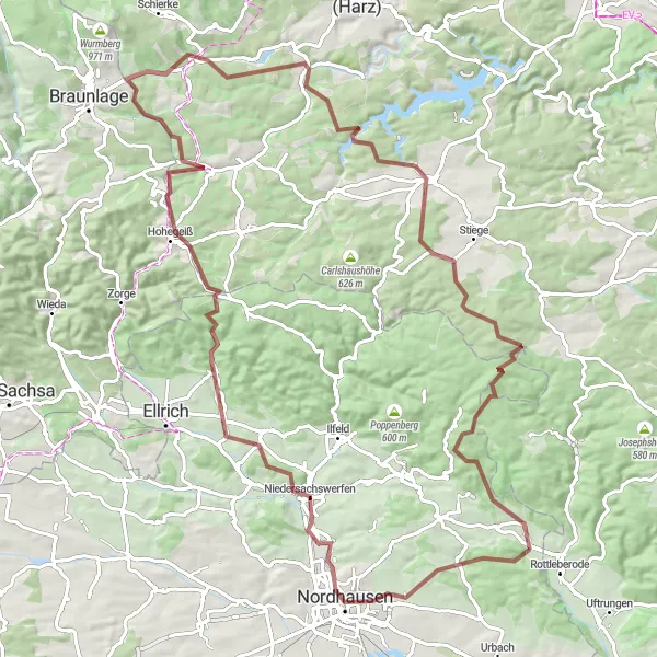 Map miniature of "Rottleberode Gravel Adventure" cycling inspiration in Sachsen-Anhalt, Germany. Generated by Tarmacs.app cycling route planner