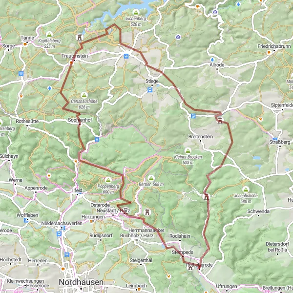 Map miniature of "Adventures in the Harz Mountains" cycling inspiration in Sachsen-Anhalt, Germany. Generated by Tarmacs.app cycling route planner