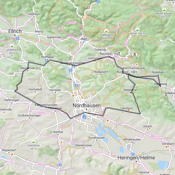 Map miniature of "Scenic Ride Around Nordhausen" cycling inspiration in Sachsen-Anhalt, Germany. Generated by Tarmacs.app cycling route planner