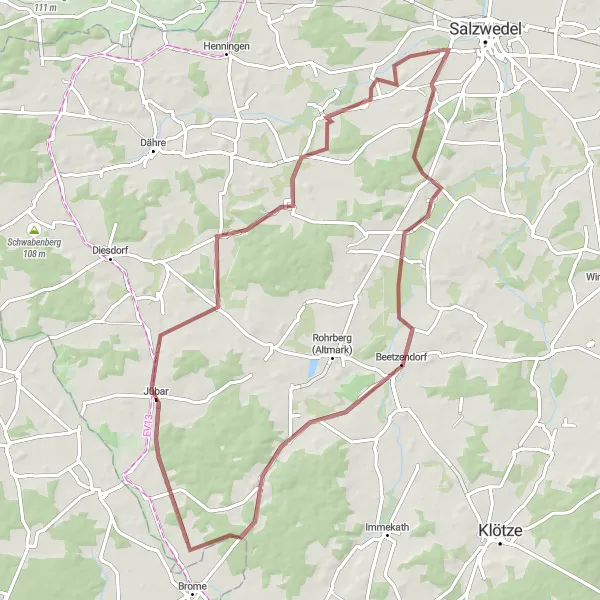 Map miniature of "Gravel Adventure in Salzwedel's Outskirts" cycling inspiration in Sachsen-Anhalt, Germany. Generated by Tarmacs.app cycling route planner