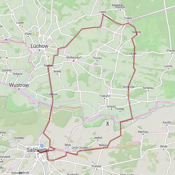 Map miniature of "Gravel Adventure through Salzwedel's Countryside" cycling inspiration in Sachsen-Anhalt, Germany. Generated by Tarmacs.app cycling route planner