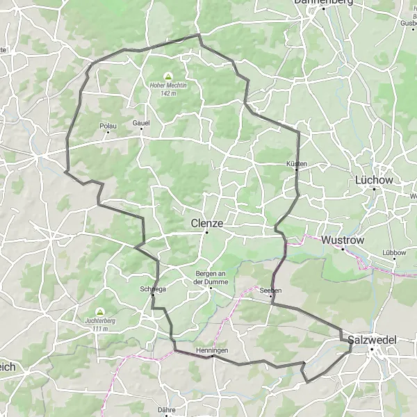 Map miniature of "Around Salzwedel: A Road Adventure" cycling inspiration in Sachsen-Anhalt, Germany. Generated by Tarmacs.app cycling route planner