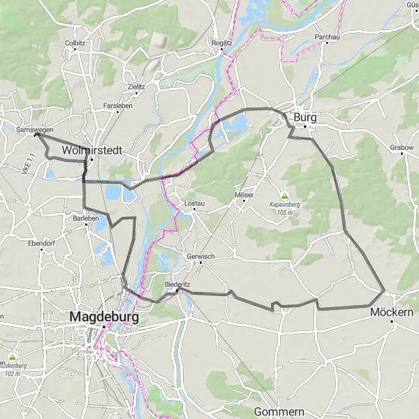 Map miniature of "The Wolmirstedt Loop" cycling inspiration in Sachsen-Anhalt, Germany. Generated by Tarmacs.app cycling route planner