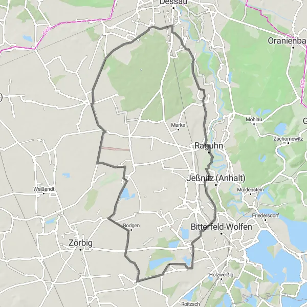 Map miniature of "Köckern road route" cycling inspiration in Sachsen-Anhalt, Germany. Generated by Tarmacs.app cycling route planner