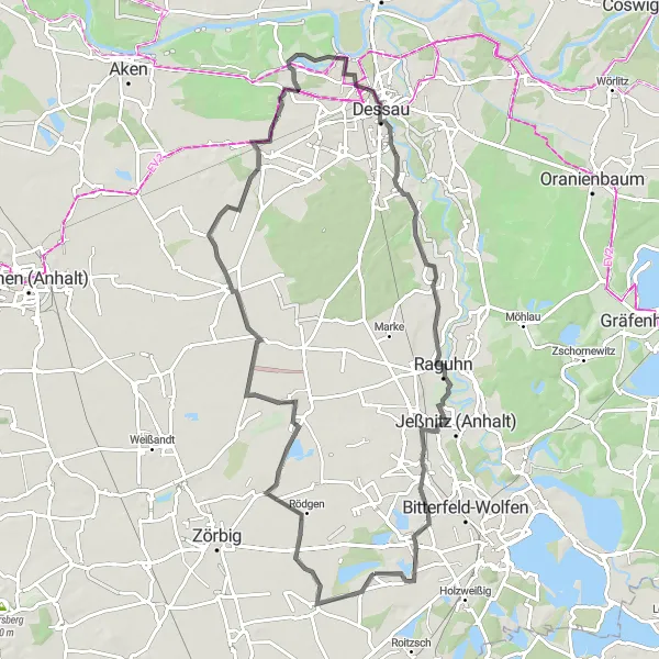 Karten-Miniaturansicht der Radinspiration "Road-Trip voller Abwechslung rund um Sandersdorf" in Sachsen-Anhalt, Germany. Erstellt vom Tarmacs.app-Routenplaner für Radtouren