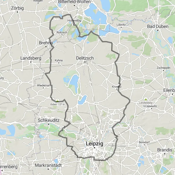 Map miniature of "Holzweißig road route" cycling inspiration in Sachsen-Anhalt, Germany. Generated by Tarmacs.app cycling route planner