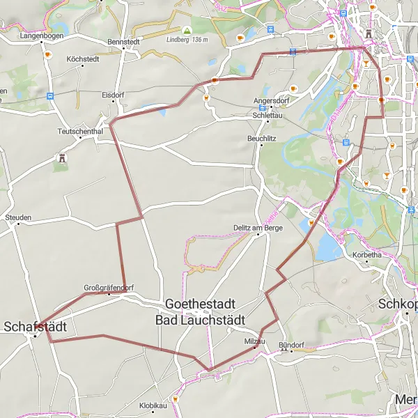 Map miniature of "Gravel Cycling Adventure in Großgräfendorf - Seeblick - Moritzburg" cycling inspiration in Sachsen-Anhalt, Germany. Generated by Tarmacs.app cycling route planner