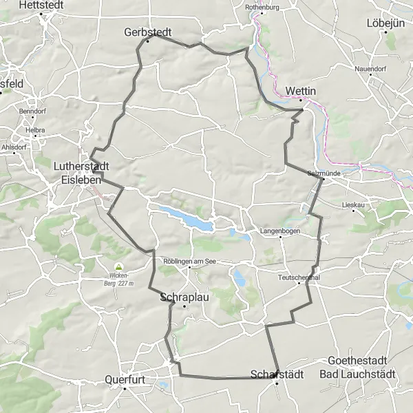 Karten-Miniaturansicht der Radinspiration "Von Schafstädt nach Teutschenthal: Ein Roadbike-Abenteuer" in Sachsen-Anhalt, Germany. Erstellt vom Tarmacs.app-Routenplaner für Radtouren
