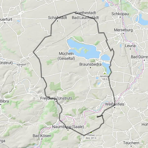 Karten-Miniaturansicht der Radinspiration "Roadtour durch Bad Lauchstädt und Freyburg" in Sachsen-Anhalt, Germany. Erstellt vom Tarmacs.app-Routenplaner für Radtouren