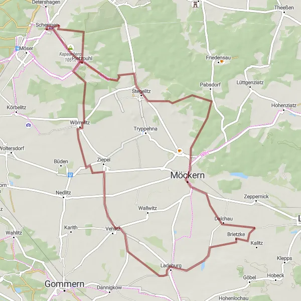 Map miniature of "Schermen Gravel Loop" cycling inspiration in Sachsen-Anhalt, Germany. Generated by Tarmacs.app cycling route planner