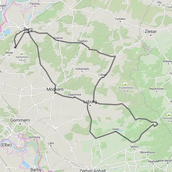 Map miniature of "Classic Road Ride to Möckern" cycling inspiration in Sachsen-Anhalt, Germany. Generated by Tarmacs.app cycling route planner