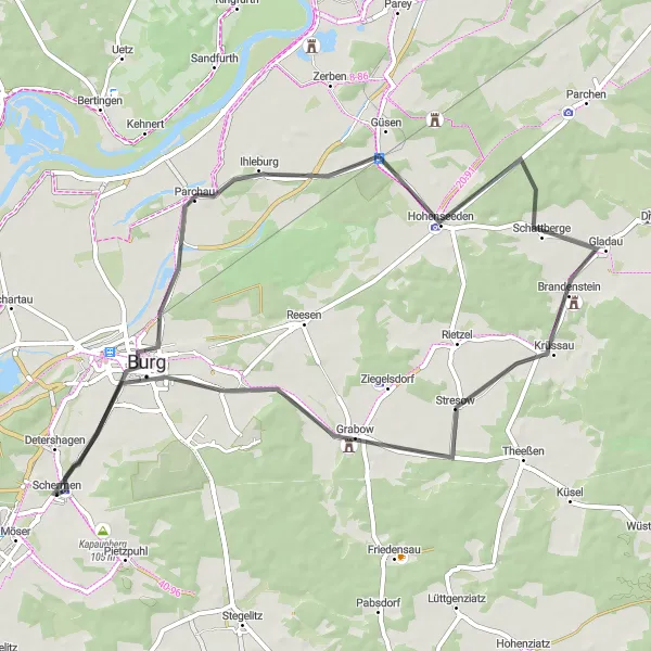 Map miniature of "Scenic Ride to Grabow" cycling inspiration in Sachsen-Anhalt, Germany. Generated by Tarmacs.app cycling route planner