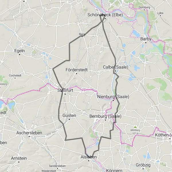 Map miniature of "Scenic Saale Ride" cycling inspiration in Sachsen-Anhalt, Germany. Generated by Tarmacs.app cycling route planner