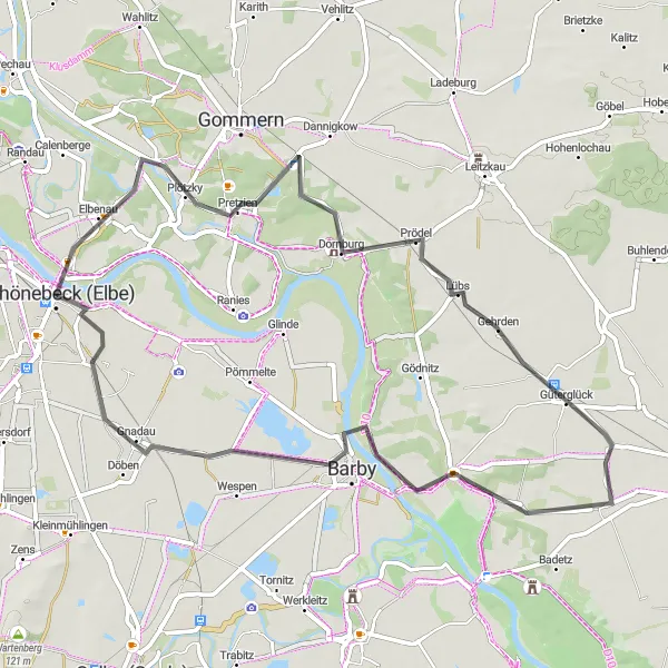 Karten-Miniaturansicht der Radinspiration "Tour entlang von Pretzien und Gnadau" in Sachsen-Anhalt, Germany. Erstellt vom Tarmacs.app-Routenplaner für Radtouren