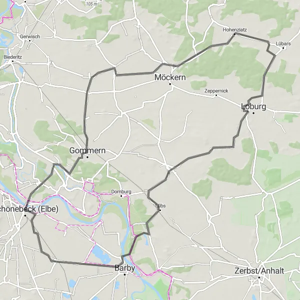 Map miniature of "Gommern Loop" cycling inspiration in Sachsen-Anhalt, Germany. Generated by Tarmacs.app cycling route planner