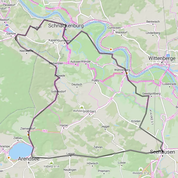 Karten-Miniaturansicht der Radinspiration "Elbauenrundweg mit Aussichtsturm Schnackenburg" in Sachsen-Anhalt, Germany. Erstellt vom Tarmacs.app-Routenplaner für Radtouren