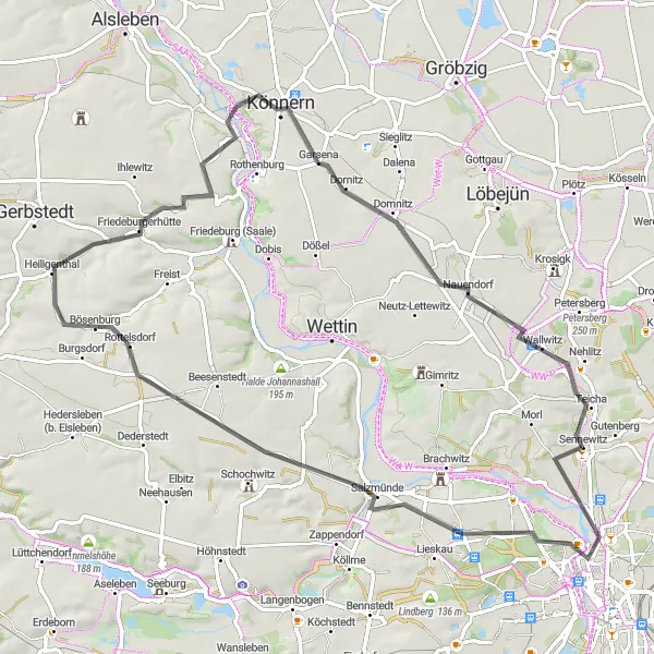 Karten-Miniaturansicht der Radinspiration "Sennewitz-Rundkurs über Brandberge und Könnern" in Sachsen-Anhalt, Germany. Erstellt vom Tarmacs.app-Routenplaner für Radtouren