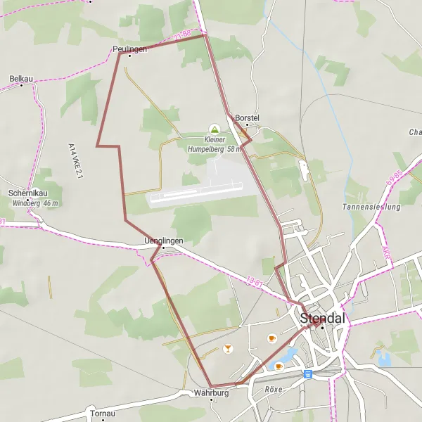 Karten-Miniaturansicht der Radinspiration "Kurze Schottertour nach Stendal" in Sachsen-Anhalt, Germany. Erstellt vom Tarmacs.app-Routenplaner für Radtouren