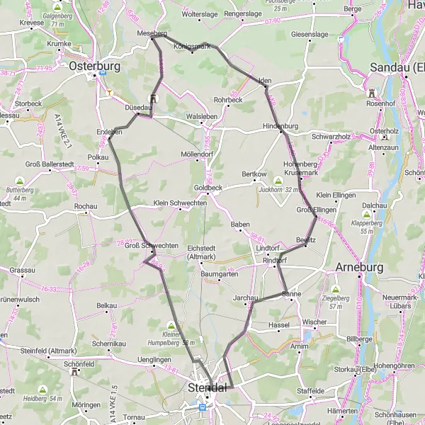 Map miniature of "Stendal Epic Ride" cycling inspiration in Sachsen-Anhalt, Germany. Generated by Tarmacs.app cycling route planner