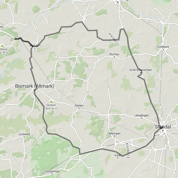 Map miniature of "Road Cycling Enthusiasts: Conquer the Altmark Hills" cycling inspiration in Sachsen-Anhalt, Germany. Generated by Tarmacs.app cycling route planner