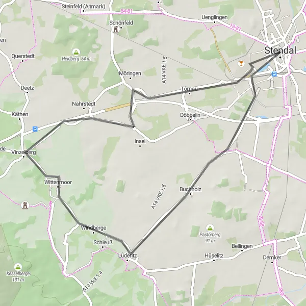 Karten-Miniaturansicht der Radinspiration "Roadtrip durchs Grüne rund um Stendal" in Sachsen-Anhalt, Germany. Erstellt vom Tarmacs.app-Routenplaner für Radtouren