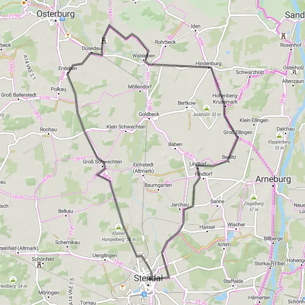 Map miniature of "Scenic Road Cycling: Exploring the Altmark Countryside" cycling inspiration in Sachsen-Anhalt, Germany. Generated by Tarmacs.app cycling route planner