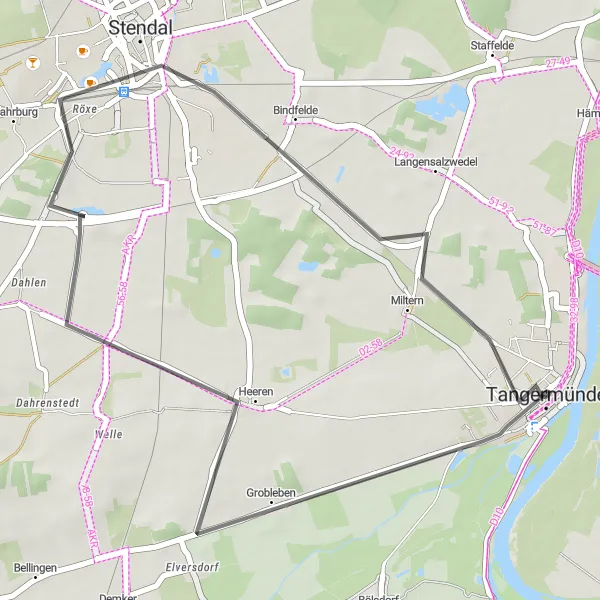 Map miniature of "Tangermünde and the Lakes" cycling inspiration in Sachsen-Anhalt, Germany. Generated by Tarmacs.app cycling route planner