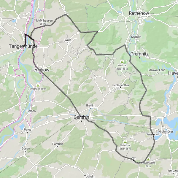 Karten-Miniaturansicht der Radinspiration "Herausfordernde Radtour durch die Hügel um Tangermünde" in Sachsen-Anhalt, Germany. Erstellt vom Tarmacs.app-Routenplaner für Radtouren