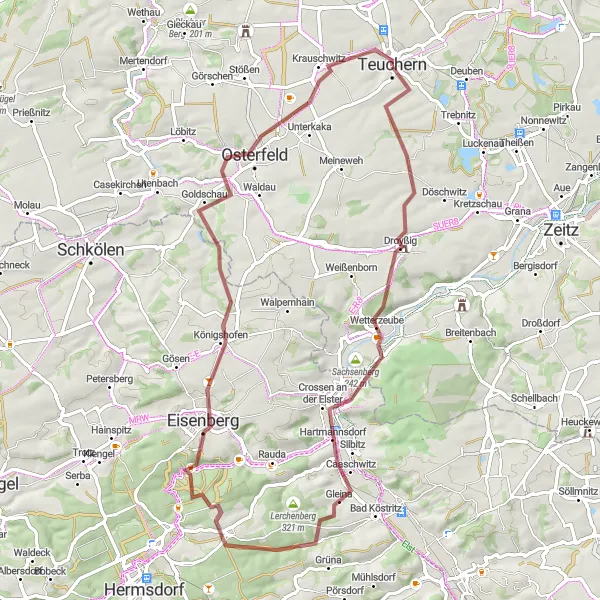 Map miniature of "Elster Valley Ride" cycling inspiration in Sachsen-Anhalt, Germany. Generated by Tarmacs.app cycling route planner