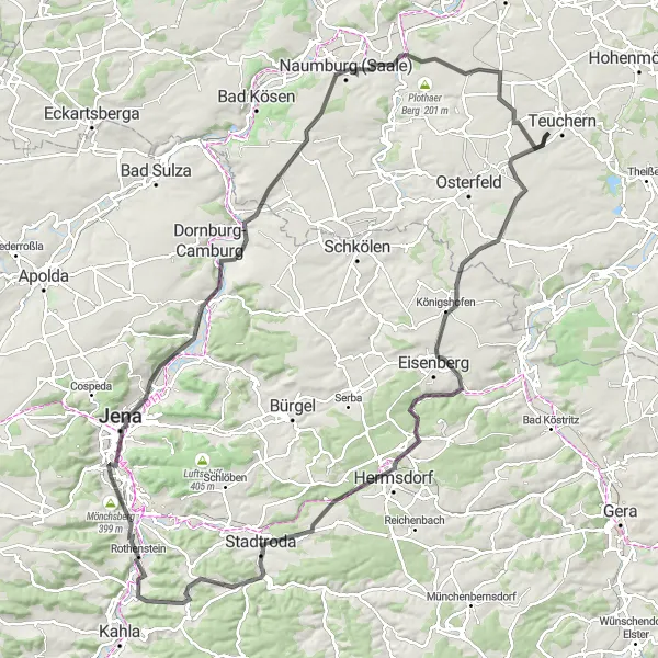 Map miniature of "Through the Hills and Valleys" cycling inspiration in Sachsen-Anhalt, Germany. Generated by Tarmacs.app cycling route planner