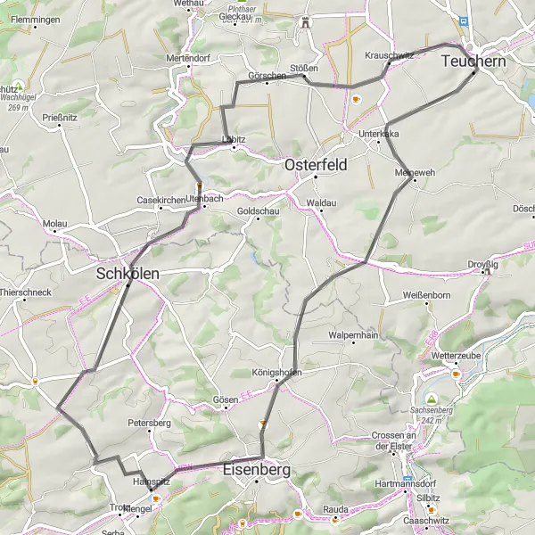 Karten-Miniaturansicht der Radinspiration "Rundtour von Teuchern nach Kostplatz" in Sachsen-Anhalt, Germany. Erstellt vom Tarmacs.app-Routenplaner für Radtouren