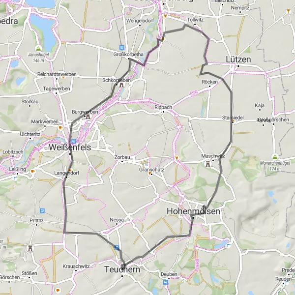 Map miniature of "Weißenfels and Hohenmölsen Loop" cycling inspiration in Sachsen-Anhalt, Germany. Generated by Tarmacs.app cycling route planner