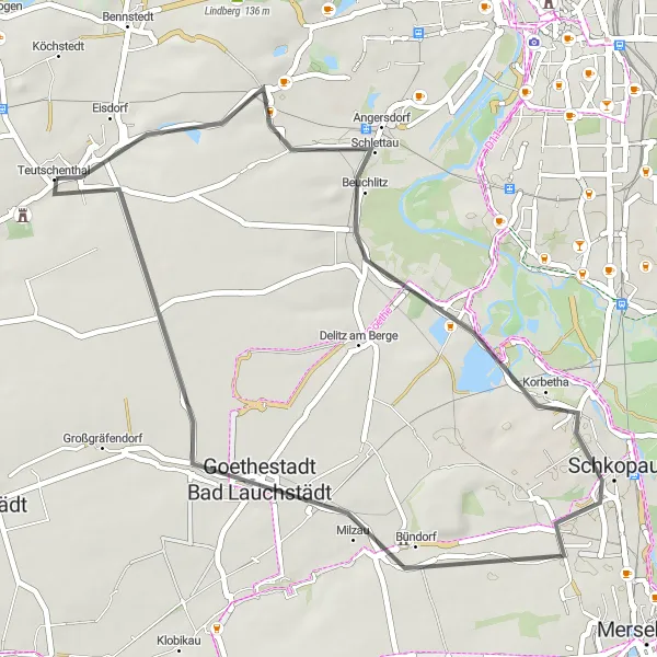 Map miniature of "Schkopau Road Tour" cycling inspiration in Sachsen-Anhalt, Germany. Generated by Tarmacs.app cycling route planner