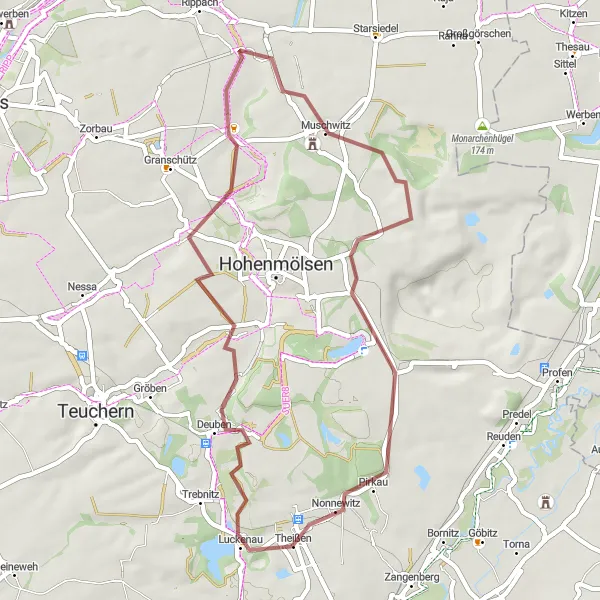 Map miniature of "Saale-Unstrut Valley Gravel Ride" cycling inspiration in Sachsen-Anhalt, Germany. Generated by Tarmacs.app cycling route planner