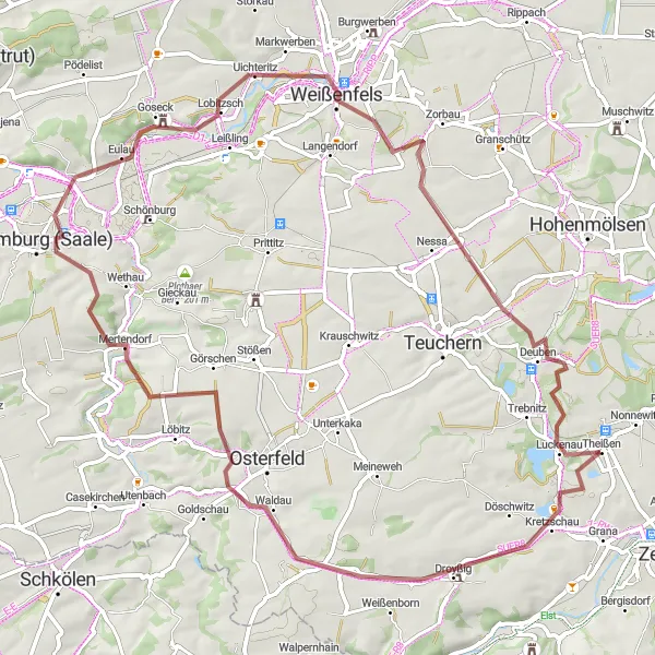 Map miniature of "Scenic Gravel Loop from Kretzschau to Weißenfels" cycling inspiration in Sachsen-Anhalt, Germany. Generated by Tarmacs.app cycling route planner