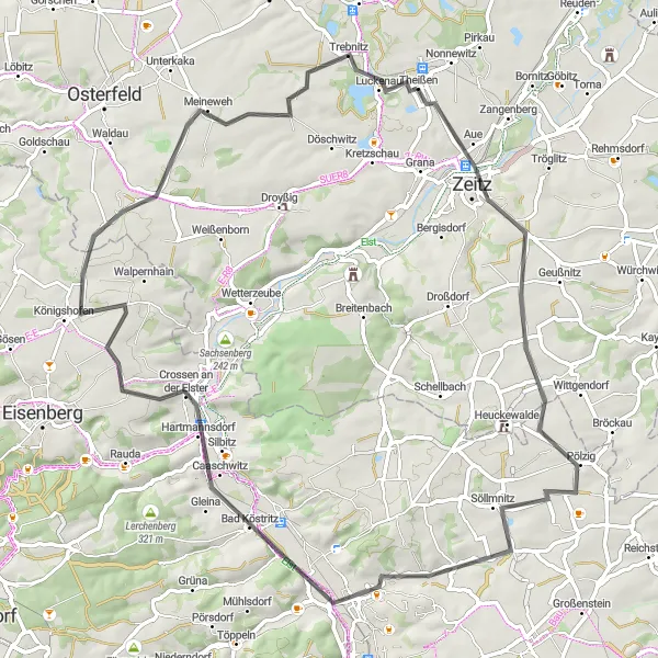 Map miniature of "Exploring Zeitz and Dahlien-Schaugarten" cycling inspiration in Sachsen-Anhalt, Germany. Generated by Tarmacs.app cycling route planner