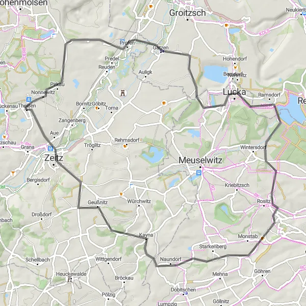 Map miniature of "Lucka and Lödla Countryside Ride" cycling inspiration in Sachsen-Anhalt, Germany. Generated by Tarmacs.app cycling route planner