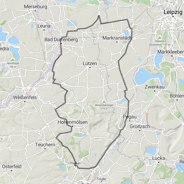 Map miniature of "Hohenmölsen to Pegau Road Adventure" cycling inspiration in Sachsen-Anhalt, Germany. Generated by Tarmacs.app cycling route planner