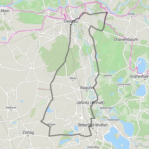 Karten-Miniaturansicht der Radinspiration "Radtour durch Vockerode und Umgebung" in Sachsen-Anhalt, Germany. Erstellt vom Tarmacs.app-Routenplaner für Radtouren