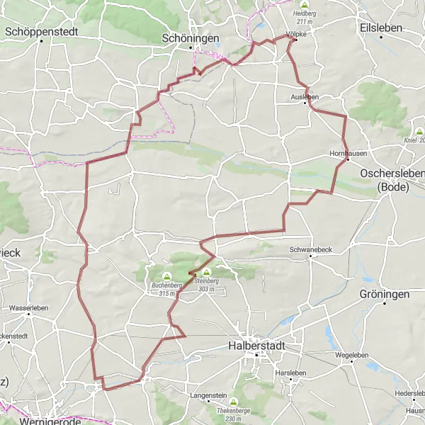 Map miniature of "Hornhausen Gravel Loop" cycling inspiration in Sachsen-Anhalt, Germany. Generated by Tarmacs.app cycling route planner