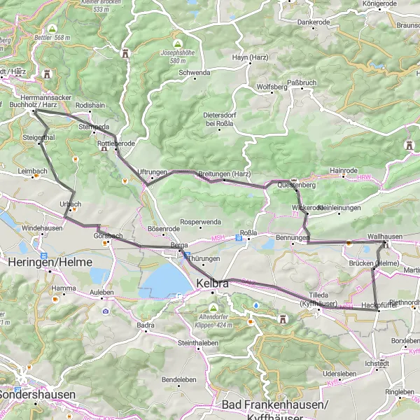 Karten-Miniaturansicht der Radinspiration "Naturschönheiten des Kyffhäusergebirges" in Sachsen-Anhalt, Germany. Erstellt vom Tarmacs.app-Routenplaner für Radtouren
