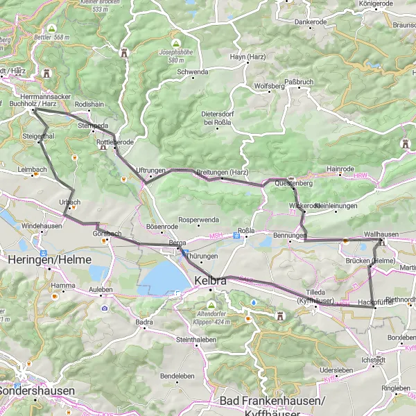 Map miniature of "Kyffhäuser Road Tour" cycling inspiration in Sachsen-Anhalt, Germany. Generated by Tarmacs.app cycling route planner