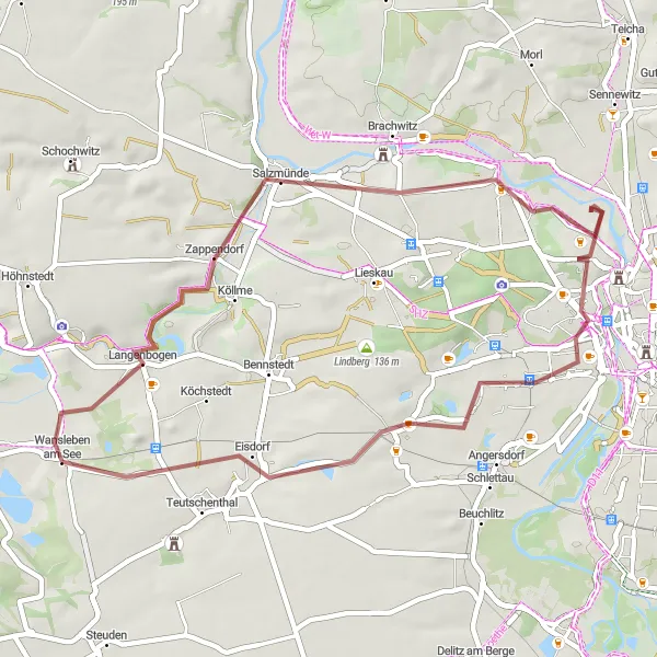 Map miniature of "Ride to Lunzberge and the Historic Halle-Neustadt" cycling inspiration in Sachsen-Anhalt, Germany. Generated by Tarmacs.app cycling route planner