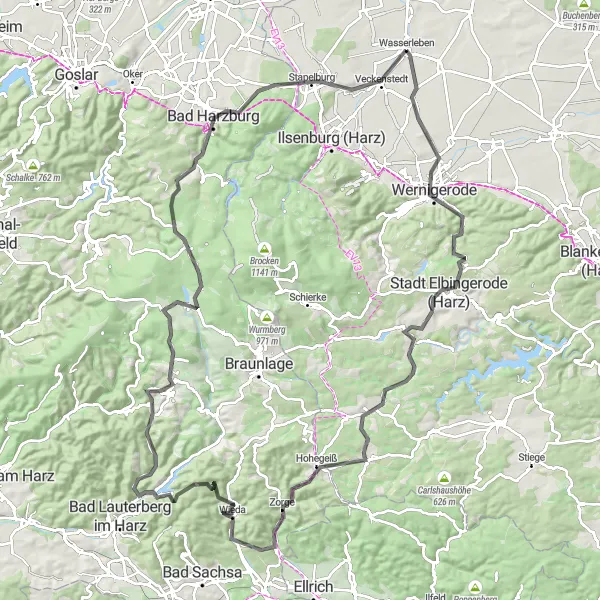 Karten-Miniaturansicht der Radinspiration "Harzrundweg" in Sachsen-Anhalt, Germany. Erstellt vom Tarmacs.app-Routenplaner für Radtouren