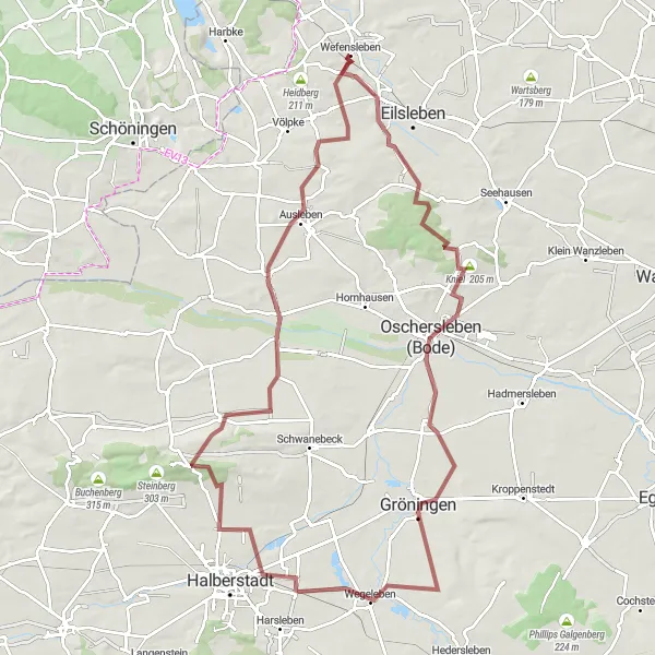 Map miniature of "Gröningen and Telegrafenberg Gravel Loop" cycling inspiration in Sachsen-Anhalt, Germany. Generated by Tarmacs.app cycling route planner