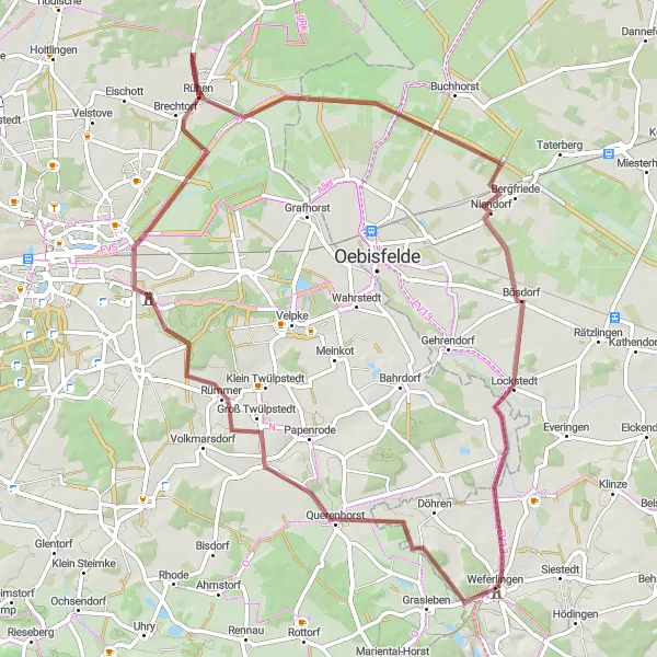 Map miniature of "Groß Twülpstedt and Saalsdorf Gravel Loop" cycling inspiration in Sachsen-Anhalt, Germany. Generated by Tarmacs.app cycling route planner