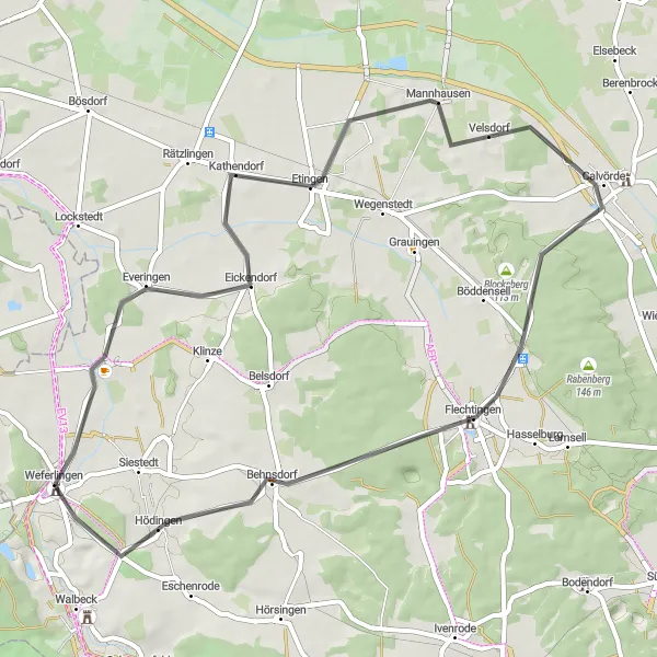 Map miniature of "Seggerde and Burgruine Weferlingen Road Loop" cycling inspiration in Sachsen-Anhalt, Germany. Generated by Tarmacs.app cycling route planner