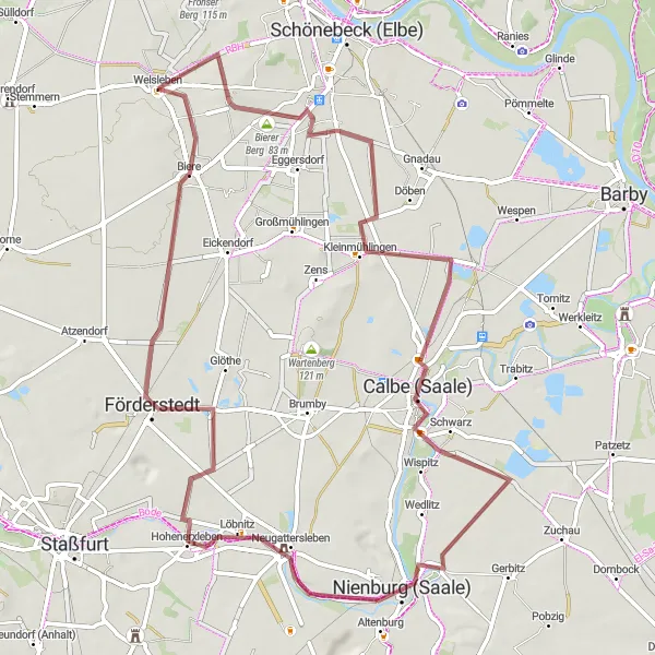 Map miniature of "The Saale Valley Gravel Loop" cycling inspiration in Sachsen-Anhalt, Germany. Generated by Tarmacs.app cycling route planner