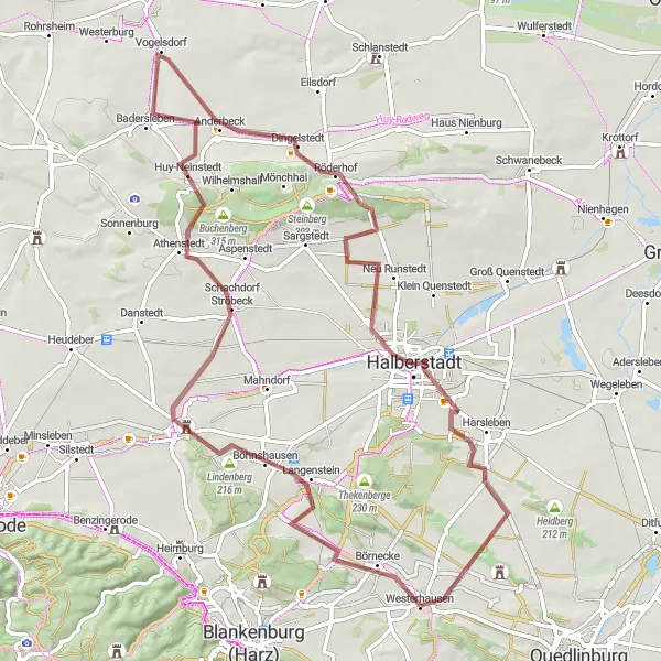 Map miniature of "Halberstadt Hills Gravel Tour" cycling inspiration in Sachsen-Anhalt, Germany. Generated by Tarmacs.app cycling route planner